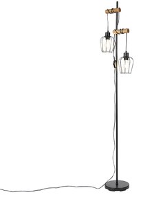 Candeeiro de pé rústico preto com madeira 2-luzes - Stronk