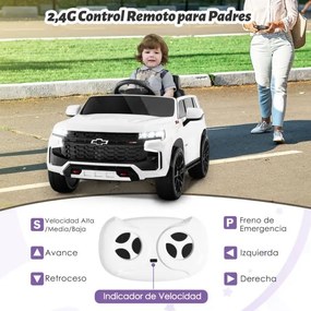 Carro elétrico com bateria de 12V Chevrolet Tahoe para crianças SUV com controlo remoto 2.4G Luzes de suspensão de mola Música Branco