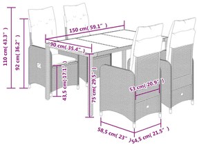 5 pcs conjunto bistrô de jardim c/ almofadões vime PE cinza