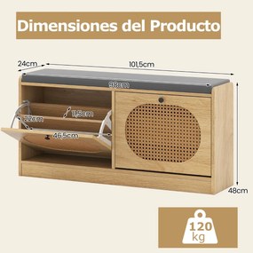 Banco Sapateira 101,5 x 24 x 48 cm de Rattan com 2 Gavetas Rebatíveis e Prateleiras Ajustáveis Almofada de Assento Acolchoada para Corredor Natural