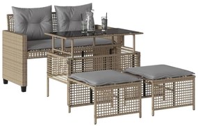 4pcs conj. de sofás para jardim c/almofadões vime PE/vidro bege