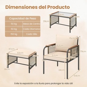 Conjunto de jardim 5 peças Rattan com Almofadas 2 Pufes Mesa de Vidro temperado Bege