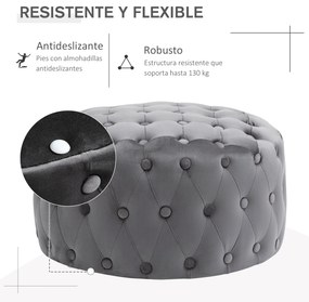 HOMCOM Pufe Otomano Tamborete estofado em veludo com botões Apoio para os pés acolchoado macio de desenho vintage Φ60x33 cm cinza escuro