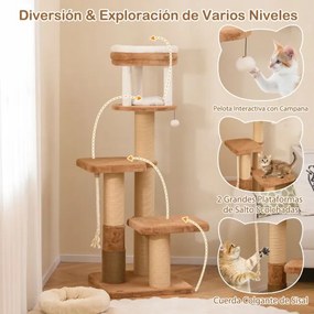 Arranhador para gatos 164 cm Poleiro almofadado Cama para gatos amovível Plataformas de salto Corda de sisal Castanho