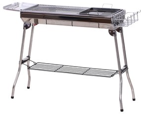 Outsunny Barbecue a Carvão Portátil Barbecue a Carvão Dobrável com Prateleiras de Armazenamento para Jardim Exterior Campismo 104x33x70 cm Prata
