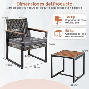 Conjunto de 3 Móveis de Jardim, Mesa e 2 Cadeiras, 40 x 40 x 40 cm, Cinzento / Castanho / preto