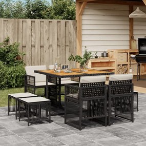 9 pcs conjunto de jantar p/ jardim c/ almofadões vime PE preto