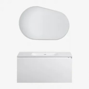 Conjunto De Móvel De Casa De Banho Suspenso Em Madeira Com Lavatório Integrado Macrae Branco & Oval Led E Anti-embaciamento 100x80 Cm Riben & Sem Torn