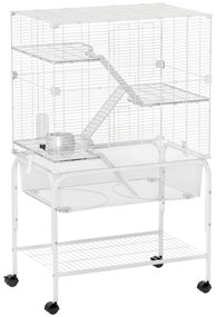 PawHut Gaiola para Pequenos Animais de 4 Níveis com Bandeja Inferior Rodas Rampas Comedouro e Bebedouro 73x47x123 cm Branco | Aosom Portugal