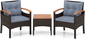 Conjunto de 3 peças para jardim em vime e rattan, com cadeiras com braços, mesa auxiliar em madeira de acácia e almofadas em castanho misturado e cinz