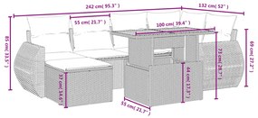 7 pcs conjunto de sofás p/ jardim com almofadões vime PE bege