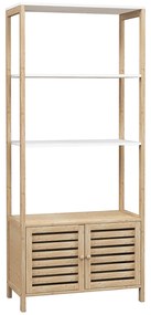 Estante para Casa de Banho de Bambu com 3 Prateleiras Abertas Estante de Arrumação Casa de Banho com Portas Ripadas 63x30x138 cm Madeira e Branco