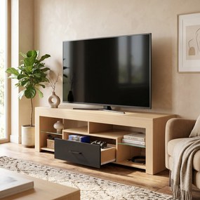 Móvel de TV 140 x 40 x 45 cm, móvel para televisor de 65 polegadas com prateleiras de vidro ajustáveis, gaveta e compartimentos abertos, cor carvalho