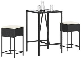 vidaXL 3 pcs conjunto de bar para jardim c/ almofadões vime PE preto