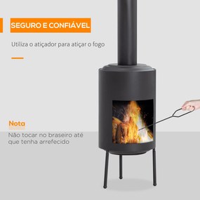 Outsunny Lareira de Jardim Braseiro Exterior de Metal com Atiçador e Chaminé para Fumaça para Varanda Campismo Ar Livre 30x30x105cm Preto