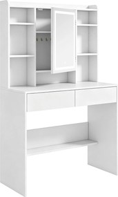 HOMCOM Penteadeira com Espelho e Iluminação LED, Mesa de Maquilhagem com 2 Gavetas, Nichos Abertos e 8 Ganchos, Branco | Aosom Portugal