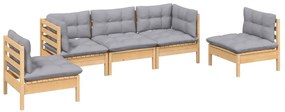 5 pcs conjunto lounge de jardim + almofadões cinza pinho maciço