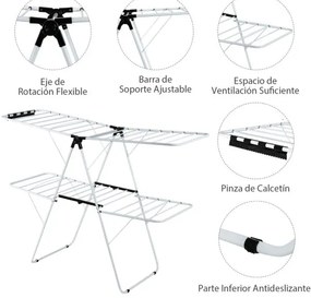 Estendal roupa dobrável de 2 níveis com asas ajustáveis Estrutura de aço Stendal para roupa/sapatos/cobertores 154 x55,5 x112 cm Branco