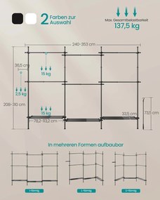 Guarda roupa 33,5 x (240-353) x (208-310) cm com Barras telescópicas com 6 barras e 3 prateleiras em preto