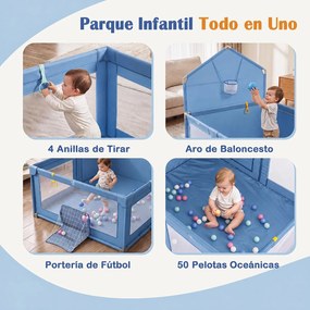 Parque Infantil Dobrável, 223 x 150 x 163 cm, com 50 Bolas e Jogos Multidesportivos, Azul