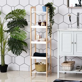 Estante de casa de banho em bambu, modelo vertical, com 3 cestos + 2 prateleiras, 32 x 30 x 130 cm, bege e branco