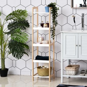 Estante de casa de banho em bambu, modelo vertical, com 3 cestos + 2 prateleiras, 32 x 30 x 130 cm, bege e branco