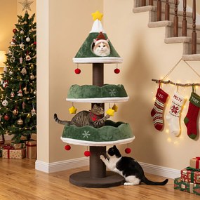 Árvore Rascadora para Gatos de Natal, 49 x 49 x 143 cm, 3 Níveis com Casinha Superior, Verde