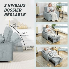 Poltrona convertível de 1 lugar 3 em 1, poltrona-cama clic-clac em tecido chenille, assento largo e encosto ajustável, 88x84x87 cm, cinzento