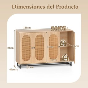 Aparador com 4 portas em rattan 126 x 40 x 81 cm, prateleiras ajustáveis, pés metálicos e 2 dispositivos anti-tombamento para sala de jantar, cozinha