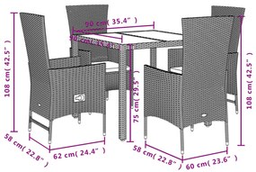 5 pcs conjunto de jantar p/ jardim com almofadões vime PE bege