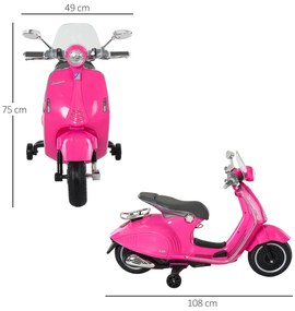 Motocicleta Elétrica Infantil VESPA acima de 3 anos com Faróis Música 2 Rodas Auxiliares 108x49x75 cm Rosa