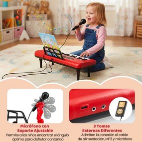 Teclado de 37 teclas para crianças com microfone, suporte e pés removíveis para maiores de 3 anos. Vermelho