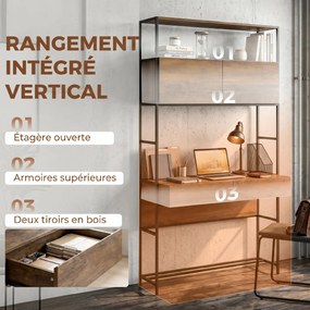 Secretária de computador com 2 gavetas, 100 x 45 x 185 cm, secretária com espaço de arrumação, 2 portas e prateleiras abertas, castanho