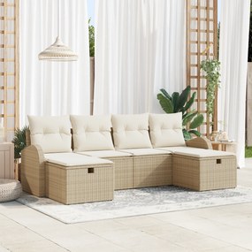 Conjunto de Sofá de Jardim de 6 Peças com Almofadas Bege Rattan