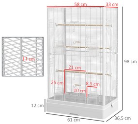 Gaiola para Pássaros 61x36,5x98 cm com Portas Poleiros Bandeja Removível e Alças para Canários Periquitos Branco