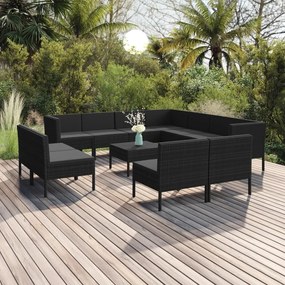 vidaXL 12 pcs conjunto lounge de jardim c/ almofadões vime PE preto