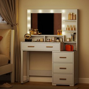 Toucador com espelho e 9 luzes LED, 4 gavetas e 6 compartimentos abertos, 100 x 40 x 138 cm, branco