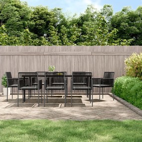 vidaXL 9 pcs conjunto jantar p/ jardim c/ almofadões vime PE/aço preto
