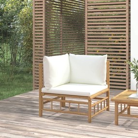 vidaXL Sofá de canto de jardim bambu com almofadões branco nata