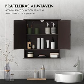 Armário de Casa de Banho com Espelho 2 Portas Prateleira Aberta Móvel de Casa de Banho Suspenso 56x13x58cm Castanho Escuro