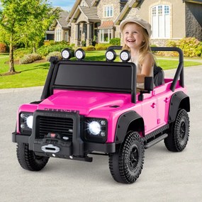 Jipe Land Rover Defender elétrico infantil 12V com comando à distância, suspensão completa, faróis e música para idades entre 3 e 8 anos, Rosa