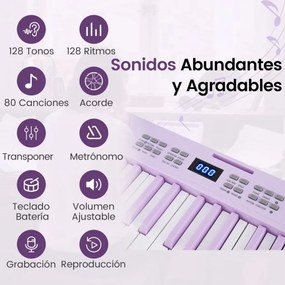 Teclado musical dobrável de 61 teclas, piano eletrónico com fones de ouvido e pedal portátil com bolsa para iniciantes Púrpura
