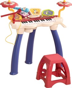 Piano Eletrónico para Crianças com 32 Teclas Microfone Banco Luzes 19 Músicas e Bateria 74x32,2x71 cm Multicor