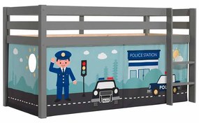 Cama alta de Criança PINO 90 x 200 cm + estrado + escada + cortina Policia Cinzenta