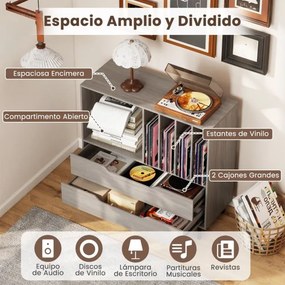 Suporte para gira-discos e para discos de vinil 91 x 36 x 87 cm com compartimento aberto 4 prateleiras e 2 gavetas e pés de metal cinzento