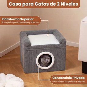 Cama para gatos de interior 49 x 41 x 39 cm - Grande caverna para gatos com condomínio, tapete de sisal para arranhar e almofada - cinzenta