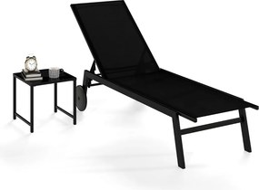 Conjunto de Espreguiçadeira jardim e Mesa de vidro temperado com Encosto ajustável com Rodas para jardim e exterior Preto