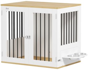 PawHut Gaiola para Cães 2 em 1 Mesa Auxiliar com 2 Portas com Trava Comedouro Giratório de 360° 2 Tigelas 80x55x71,5 cm Branco | Aosom Portugal