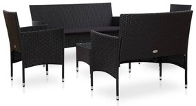 5 pcs conjunto lounge de jardim c/ almofadões vime PE preto