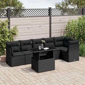 7 pcs conjunto de sofás p/ jardim c/ almofadões vime PE preto